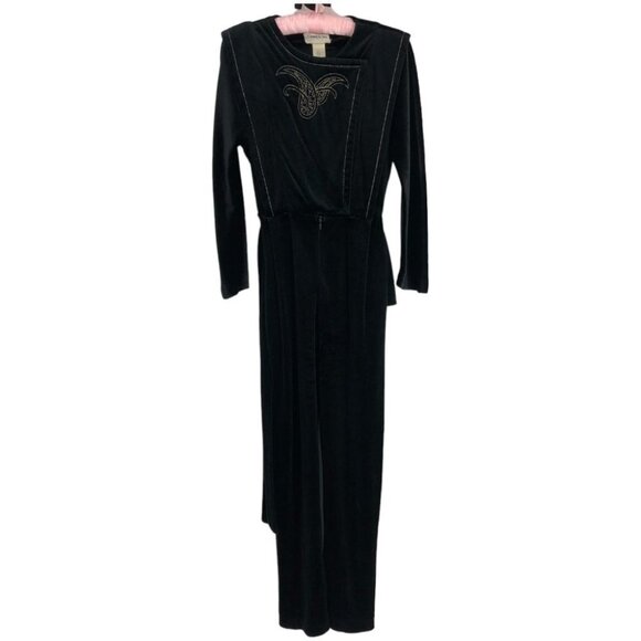 Diamond Tea Gown vintage black  & gold velvet embroidered Jumpsuit Robe 80s SP - Picture 1 of 11